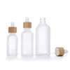 Frosted White Glass Dropper Bottle 10ml 15ml 20ml 30ml 50ml With Bamboo Cap 1oz Wooden Essential Oil Bottles