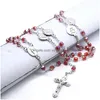 Colares de pingentes de colar de rosário de cristal vermelho com xícara vintage jesus cross pendente longa oração religiosa presente de jóias para homens mulheres dr dhh6m