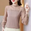 Women's Blouses Modal katoenen kanten blouse shirts dames tops elegante zwarte mesh hollow lange mouw halfhoge kraag casual feest zomer