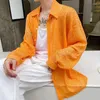 Men's Casual Shirts Men's Thin Spring Transparent Sunscreen Long Sleeve Shirt Personalized Fold Bright Orange Red Fashionable Tops