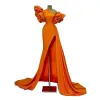 Sexy Orange Mermaid Prom Dresses Long for Women Plus Size Satin One Shoulder Beaded Pleats Draped Ruched Formal Evening Party Wear Gowns Custom Made