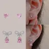 Boucles d'oreilles pendantes 2 paires de strass roses délicats, mode coréenne, nœud papillon pour femmes, doux et mignon fille, beaux bijoux