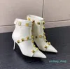 Ven Winter Women Elegant Metal Button Decoration Boots الكاحل مدبب إصبع القدم مثير الحذاء العالي الكعب الأسود الكعب السوستة العجل الجلود Lady Booty مصمم فاخر 02 أحذية