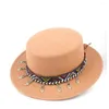 Boinas de lã Woman Pie Pie Top Hat com borla Fedora Ribbon para elegante Lady Homburg Trilby Tamanho 56-58cm