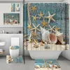 4pcs / set Salle de salle de bain rideau de toilette Toilet de toilette Ocean Beach Starfish Shephin Dolphin Octopus imprim￩ imperm￩able Tapis de bain Rideaux de salle de bain avec tapis de tapis sans glissement