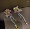 Dingle örhängen vintage fransk full diamantfärgad rose tassel eleganta blommiga öron smycken för kvinnor