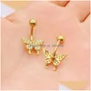Navel Bell Button Rings Surgical Steel Belly Button Rings Cubic Zirconia Butterfly Navel Curved Barbell Studs Sexy Body Piercing J Dhqaq