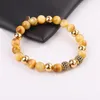 Strand Fashion 8mm Mix Natural Stone Colorful Tiger Eye Beaded CZ Pave Ball Charm Elastic Bracelet For Women Men Jewelry Gift