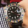 Relógio masculino clássico colorido diamante moldura automática pulseira de borracha mecânica movimento automático esportes