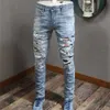 Fioletowe dżinsy dżinsowe spodnie męskie dżinsy projektant Jeans Patches Detail Biker Fit Men Slim