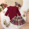 Kleding Sets 3 Stuks Baby Meisjes Kleding Herfst Outfit Geribbelde Lange Mouwen Romper Plaid Plooirok Hoofdband Set Voor peuters 0-18 Maanden