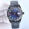 Luxe heren horloge zwarte wijzerplaat 41 mm krasbestendig blauw kristalglas anti-reflecterende vergrootkalender hoogwaardige rubberen rubberriem vouwbeikte buckle montre de luxe