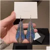 Dangle Chandelier Fashion Jewelry Dazzling Colorf Blue Feather Zircon Grab Chain Long Tassel Dangle Earrings Geometric Exaggerated Dhf7V