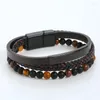 チャームブレスレットファッション3層ビーズ編組革張りの男性ブレスレット磁気留め具Tiger Eye Stone Bangles Man Jewelry