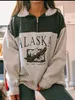 Veste Femme Sweat Surdimensionné Lettre Alaska Mode Vintage POLO Col Pulls Décontractés Manches Longues Hiver Chaud Polaire Coton 221201