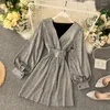 Casual Dresses 2022 Fashion Golden Glitter Dress Women Lantern Long Sleeveve Autumn Party V-Neck Lace-Up Elegnat Ladies Christmas