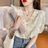 Kvinnor Bluses V Neck spetschiffon Floral Korean Fashion Summer Women's Clothing Vintage Shirts Top Vetement Femme 2022 Kvinna