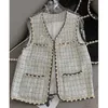 Coletes femininos Autumn Allmatching Slim Fit Solid Solid Tweed Waistcoat Jacket Colet Women V Neck P￩rola Bot￣o Spring Cardigan Feminino 221202