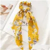 H￥rgummiband Fashion Ribbon Flower Point Printed Scrunchies Elastic Hair Bands pannband Girls Elegant Accessories Headwear Drop DHL6G