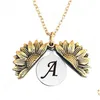 Collares pendientes Az 26 Letras inglesas Collares de girasol para mujer Dorado Abierto Grabado Cadena larga Sol Flor Mujer Colgante Neckl Dhpgr