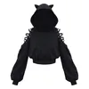 Veste Femme Manches Longues Hoodies Kawaii Oreilles De Chat À Capuche Gothique Punk Harajuku Cold Shouler Bandage Noir Sweats 221201