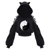 Women's Jacket Long Sleeve Hoodies Kawaii Cat Ears Hoodie Gothic Punk Harajuku Cold Shouler Bandage Black Sweatshirts 221201