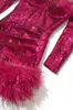 Autumn Winter Women Party Dresses Sexy Bodycon Clubwear Sequined Feather Long Sleeve Ostrich Fur Mini Dress Fashion