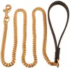 Dog Collars 10MM Luxury Gold Chain Pet Leashes Supplies Leather Handle Portable Puppy Cat Leash Rope Straps For Medium Large Dogs