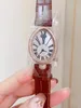 Charm Women Brown Leather Quartz Watch Vintage Roman Number Oval Wristwatch White Mother of Pearl Zircon Watches Shell Dial Kvinnlig geometrisk klocka