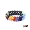 Pulseiras de ioga de pedra de lava preta de mi￧angas j￳ias homens 7 chakra ￓleo essencial difusor el￡stico Stones naturais pulseira gota de pulseira Delive DHWBQ