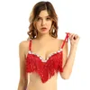 Stage Wear Women Bling Tassel Push-Up Bra Spaghetti Strap Sequin Tassels Crop TopLatin Brassiere Tops Party Club Performance Costume