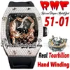 RMF YS51-01 MENS Titta på Real Tourbillon Hand Winding 3D Gold Dragon Tiger Totem Dial Steel Diamonds Case Black Rubber Strap 2022 Super Edition Sport Eternity Watches