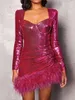 Autumn Winter Women Party Dresses Sexy Bodycon Clubwear Sequined Feather Long Sleeve Ostrich Fur Mini Dress Fashion