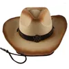 Beretten retro grote riem straw hoed pa-pyrus gekrulde jazz top cowboy cap hipster brede buitentrend zon