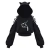 Veste Femme Manches Longues Hoodies Kawaii Oreilles De Chat À Capuche Gothique Punk Harajuku Cold Shouler Bandage Noir Sweats 221201