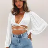 Women's Blouses Lace Up Bandage Sexy Crop Tops Women Summer Blouse Solid Lantern Sleeve V-neck Shirts For Cotton Lady T-shirts 21840