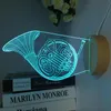 Nachtlichter Französisch Horn Licht Holz 3D -LED -Lampe Optische Illusion mit 7 Farb ändern