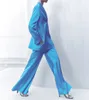 Street Style Women Pants Suits Loose Leisure Blue Wedding Tuxedos Prom Evening Party Wide Leg Wear 2 Pieces