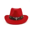 Berets Unisex Men Women Wool Western Cowboy Hat With Cow Head Leather Band Sombrero Hombre Wide Brim Jazz Size 56-58CM