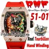 RMF YS51-01 MENS Titta på Real Tourbillon Hand Winding 3D Dragon Tiger Totem målade Dial Rose Gold Diamonds Case Red Rubber Strap Super Edition Sport Eternity Watches