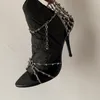 Sexy Metal Chain High Heel Sandals Women's Genuine Leather 2023 Pointed Open Toe Rhinestone High Grade Thin