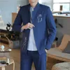 Men's Suits Blazers 2 Pcs Set Suit Jacket Pants Fashion Slim Casual Business Linen Stand Up Collar Coat Stretch Waist 221202