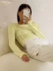 T-shirt da donna Clacive aderente bianca O collo T-shirt da donna elegante gialla a maniche lunghe autunnale casual slim elasticizzata tinta unita femminile 221202