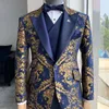 Men's Suits Blazers Jacquard Floral Tuxedo for Men Wedding Slim Fit Navy Blue and Gold Gentleman Jacket with Vest Pant 3 Piece Male Costume 221202