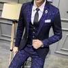 Men's Suits Blazers Luxury Sets Latest Coat Pant Vest Design Dress Floral Slim Groom Tuxedo Royal Blue Burgundy 221202