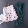 Vêtements de nuit pour femmes style japonais printemps et automne dames coton crêpe pantalon à manches longues pyjama cactus service à domicile confortable 221202