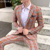 Ternos masculinos Blazers Men Plaid Business Tuxedo Groom Dress Troushers Machine Fashion Casual Casual Casual Casa