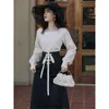 Work Dresses Fashion Ladies Suit Autumn Winter White Knitted Sweater Pullover & Waist Tie Black Skirt 2 Pcs Sets Clothing Single Sale