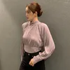 Blouses pour femmes mode coréenne OL élégant bureau Blouse femme col montant à manches longues femmes dos à lacets haut creux femme goutte