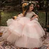 Девушка платья элегантные оборки с мячом цветок 2022 Розовые аппликации детей принцесса для свадебных театрализованных платье